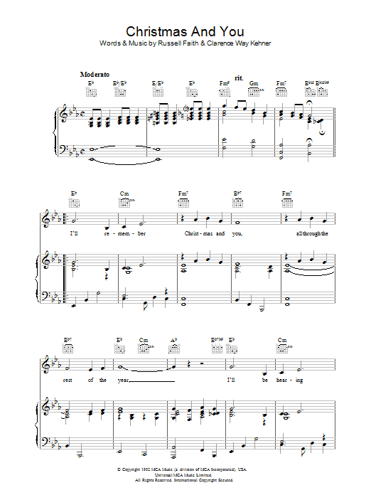 Russell Faith Christmas And You sheet music notes and chords arranged for Piano, Vocal & Guitar Chords