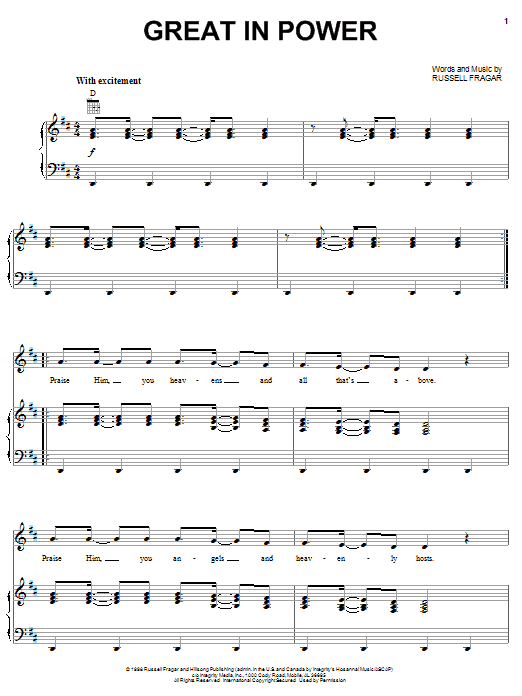 Russell Fragar Great In Power sheet music notes and chords arranged for Piano, Vocal & Guitar Chords (Right-Hand Melody)
