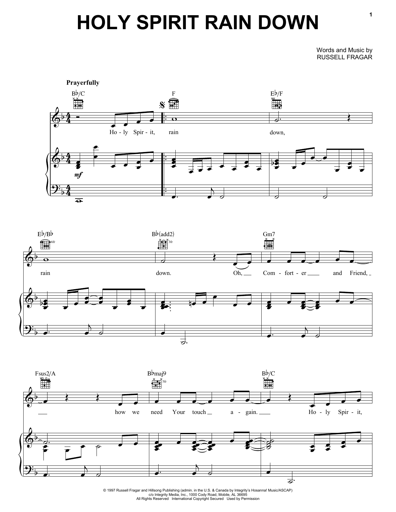 Russell Fragar Holy Spirit Rain Down sheet music notes and chords arranged for Piano, Vocal & Guitar Chords (Right-Hand Melody)