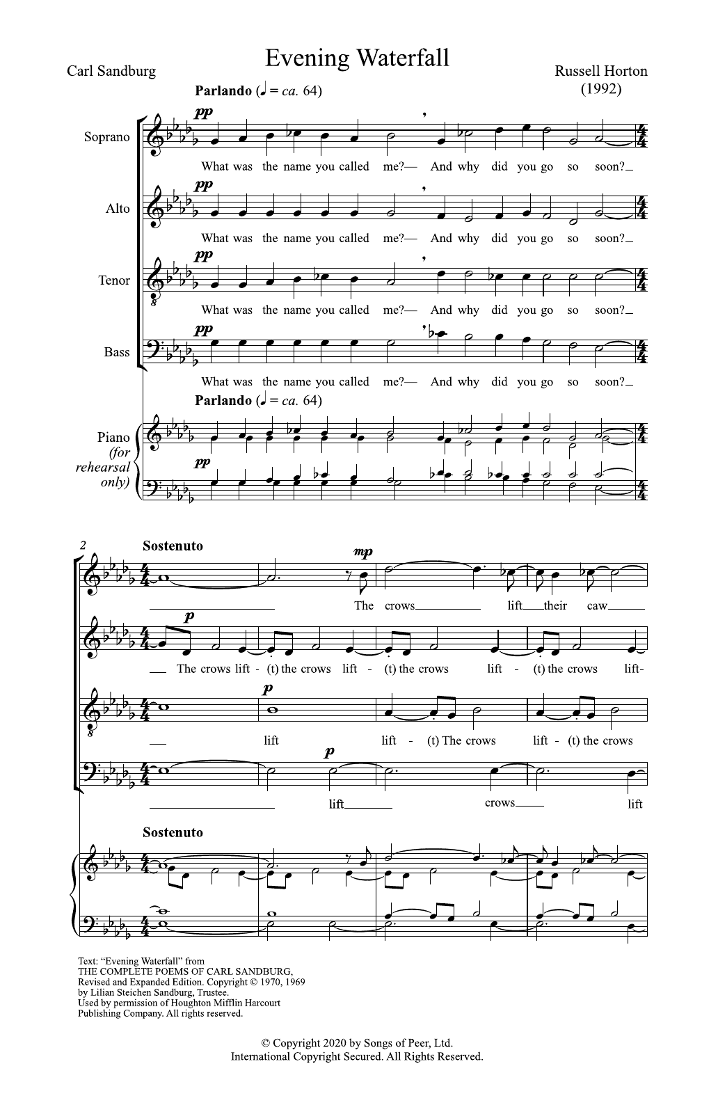 Russell Horton Evening Waterfall sheet music notes and chords arranged for SATB Choir