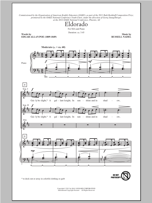Russell Nadel Eldorado sheet music notes and chords arranged for SSA Choir