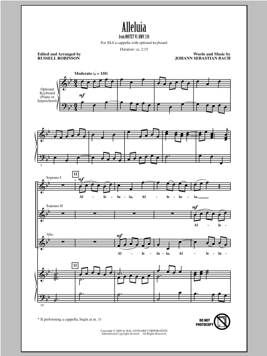 Russell Robinson Alleluia (from Motet VI, BWV 230) sheet music notes and chords arranged for SSA Choir