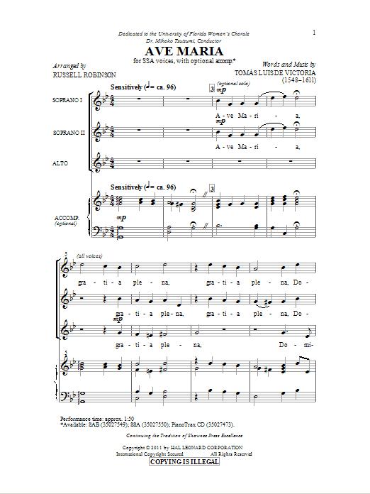 Russell Robinson Ave Maria sheet music notes and chords arranged for SSA Choir