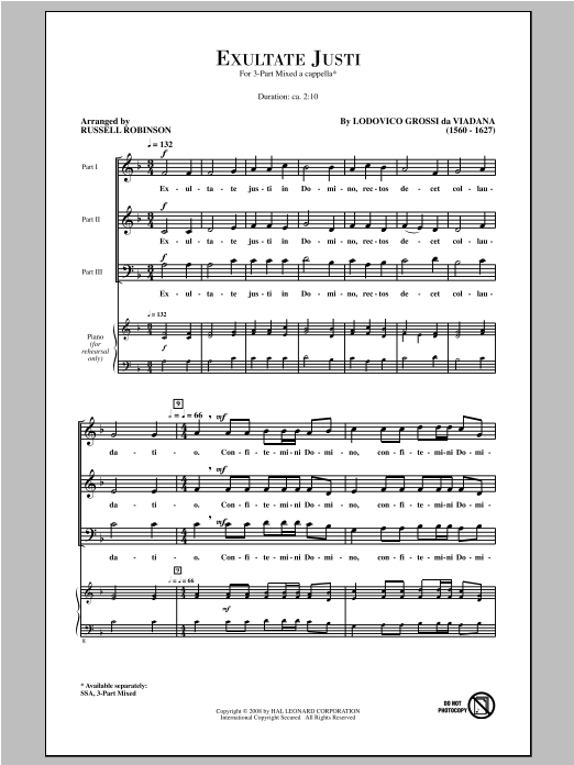 Russell Robinson Exultate Justi sheet music notes and chords arranged for SSA Choir