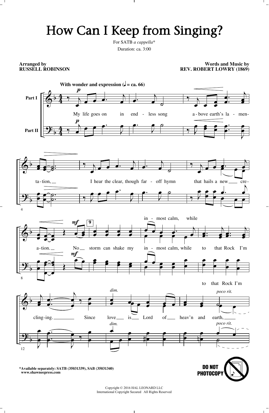 Russell Robinson How Can I Keep From Singing? sheet music notes and chords arranged for SAB Choir