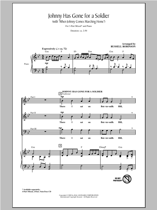 Russell Robinson Johnny Has Gone For A Soldier (with When Johnny Comes Marching Home) sheet music notes and chords arranged for 3-Part Mixed Choir
