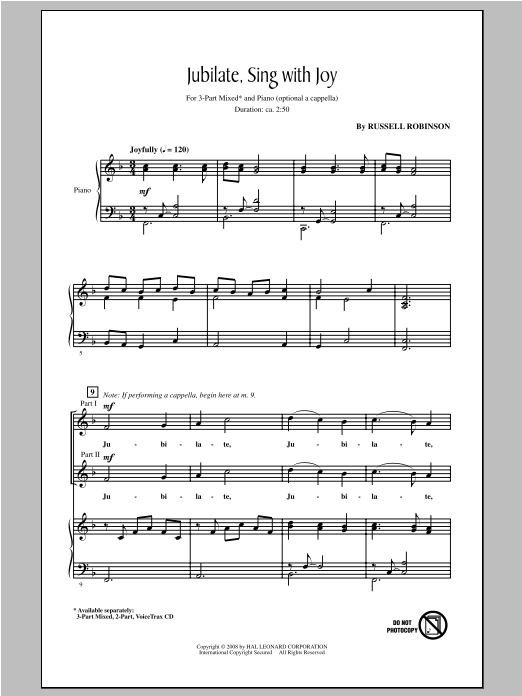 Russell Robinson Jubilate, Sing With Joy sheet music notes and chords arranged for 3-Part Mixed Choir