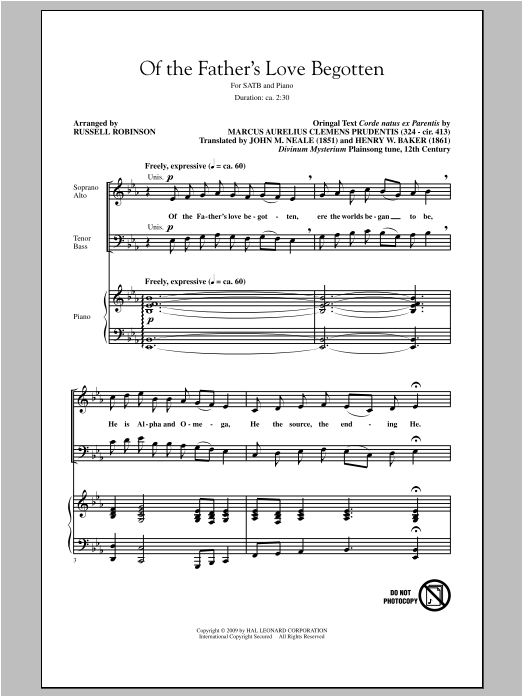Russell Robinson Of The Father's Love Begotten sheet music notes and chords arranged for SATB Choir