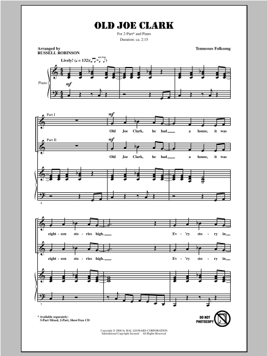 Russell Robinson Old Joe Clark sheet music notes and chords arranged for 3-Part Mixed Choir
