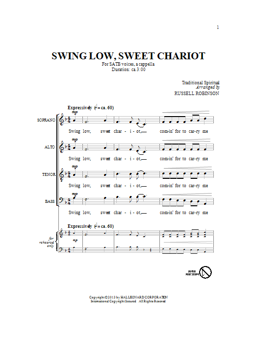 Russell Robinson Swing Low, Sweet Chariot sheet music notes and chords arranged for SATB Choir