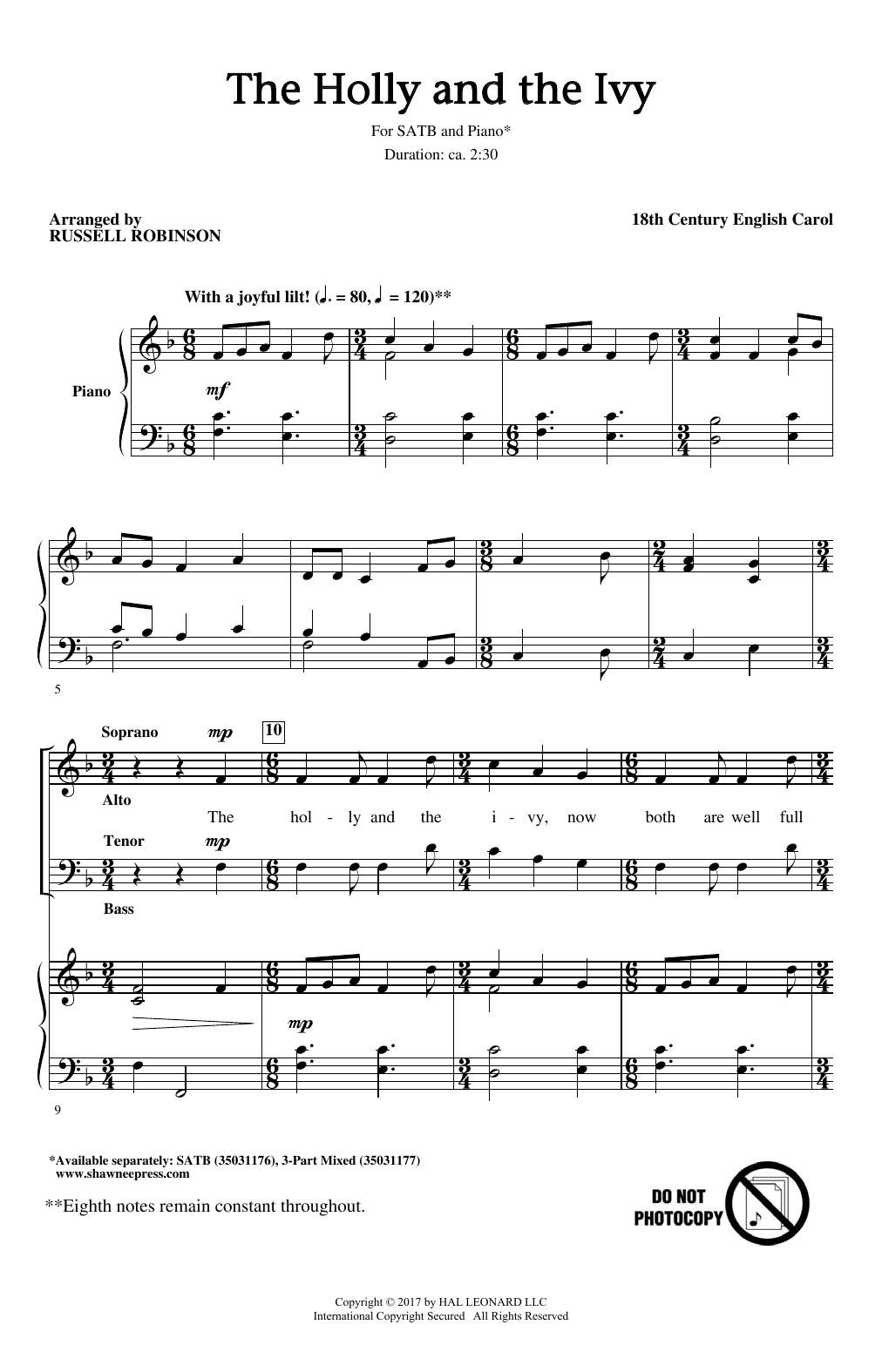 Russell Robinson The Holly And The Ivy sheet music notes and chords arranged for 3-Part Mixed Choir