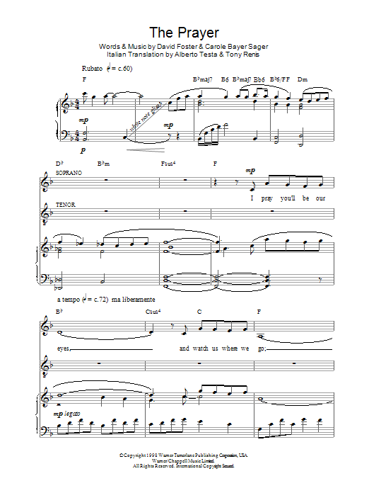Russell Watson & Lulu The Prayer sheet music notes and chords arranged for Piano, Vocal & Guitar Chords