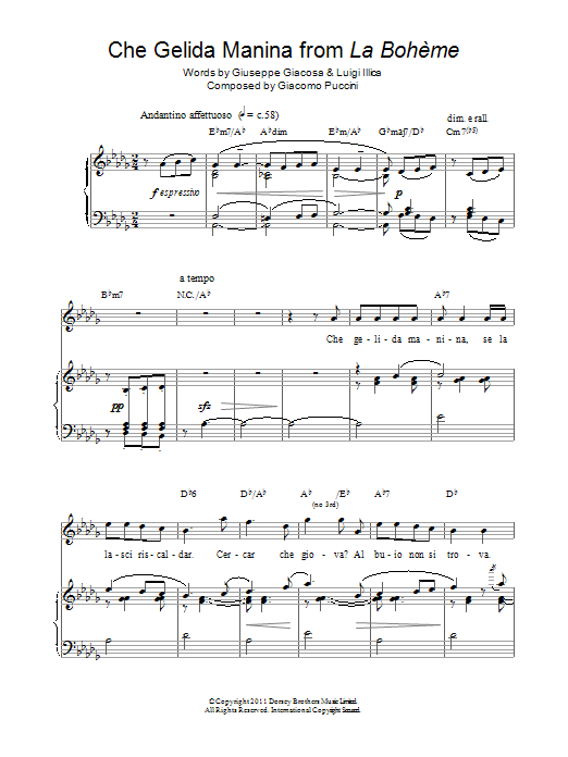 Russell Watson Che Gelida Manina sheet music notes and chords arranged for Piano, Vocal & Guitar Chords