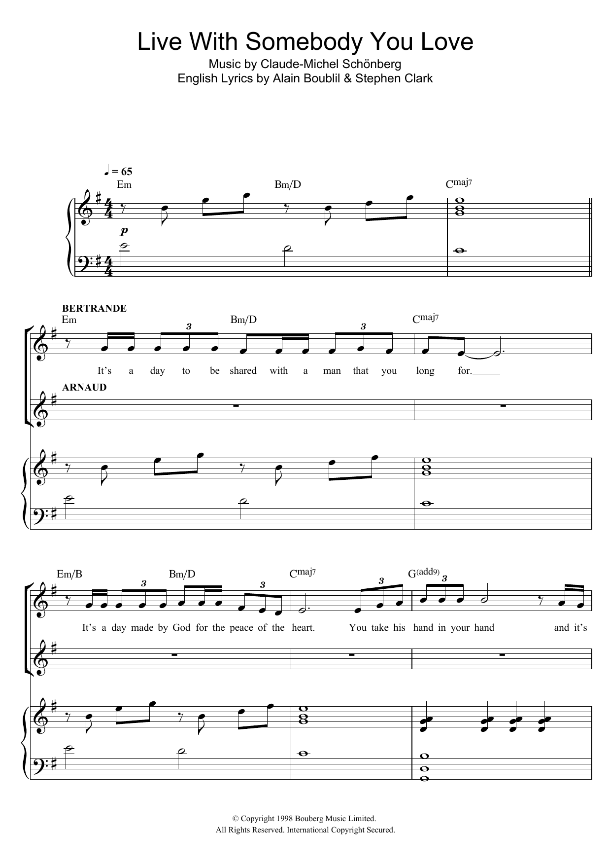 Russell Watson Live With Somebody You Love (from Martin Guerre) sheet music notes and chords arranged for Piano & Vocal