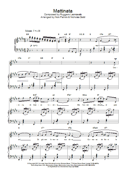 Russell Watson Mattinata sheet music notes and chords arranged for Piano, Vocal & Guitar Chords