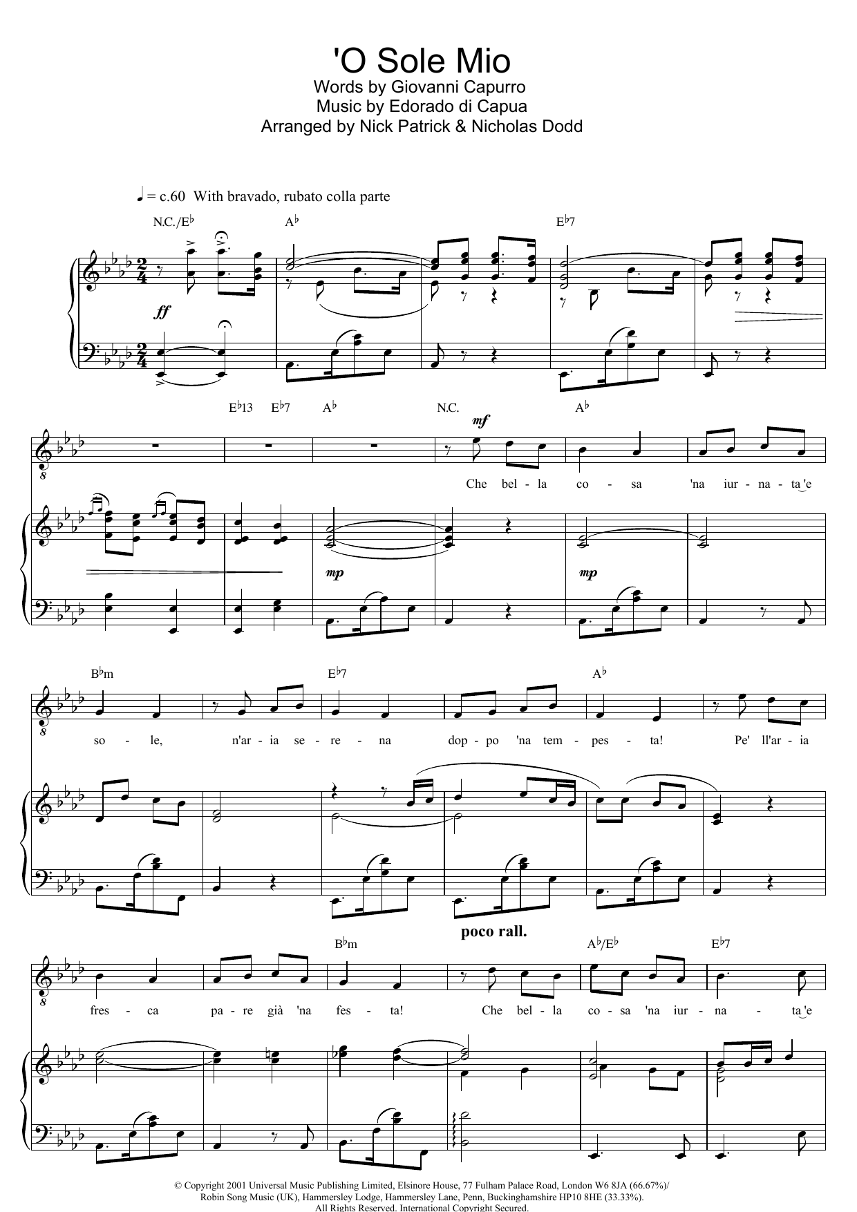Russell Watson O Sole Mio sheet music notes and chords arranged for Piano, Vocal & Guitar Chords