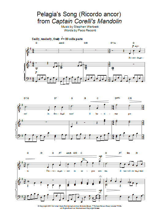 Russell Watson Pelagia's Song (Ricordo ancor)  from Captain Corelli's Mandolin sheet music notes and chords arranged for Piano, Vocal & Guitar Chords