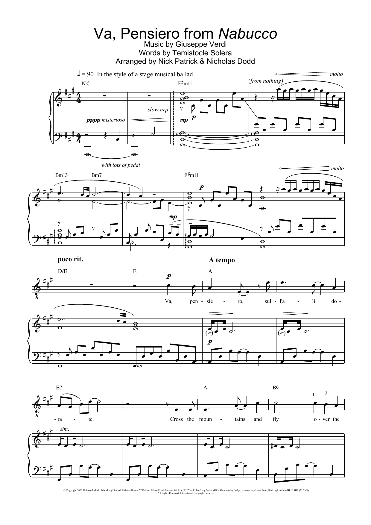 Russell Watson Va, Pensiero (Chorus Of The Hebrew Slaves) (from Nabucco) sheet music notes and chords arranged for Piano, Vocal & Guitar Chords