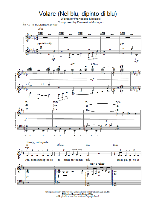 Russell Watson Volare (Nel Blu, Dipinto Di Blu) sheet music notes and chords arranged for Piano, Vocal & Guitar Chords