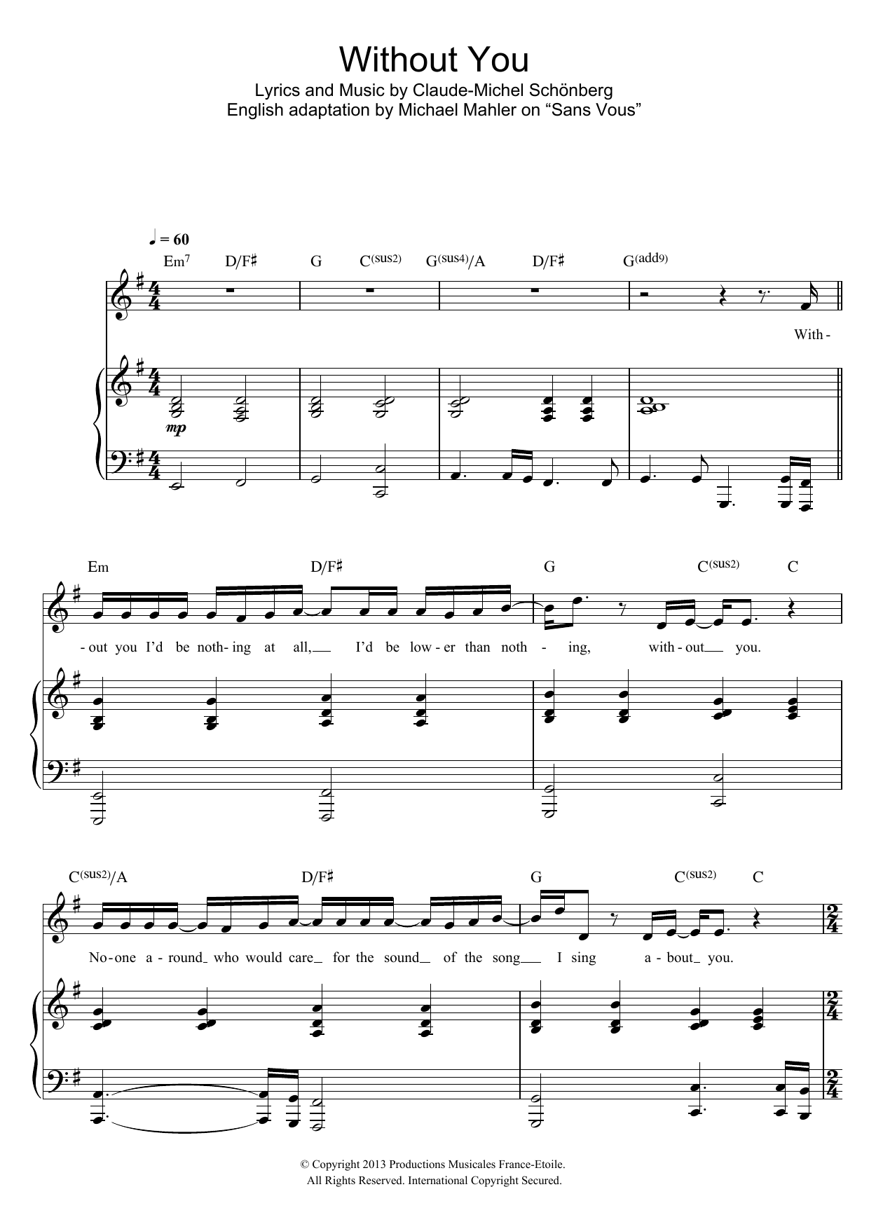 Russell Watson Without You sheet music notes and chords arranged for Piano & Vocal