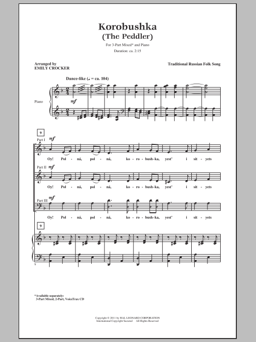 Russian Folk Song Korobushka (arr. Emily Crocker) sheet music notes and chords arranged for 3-Part Mixed Choir