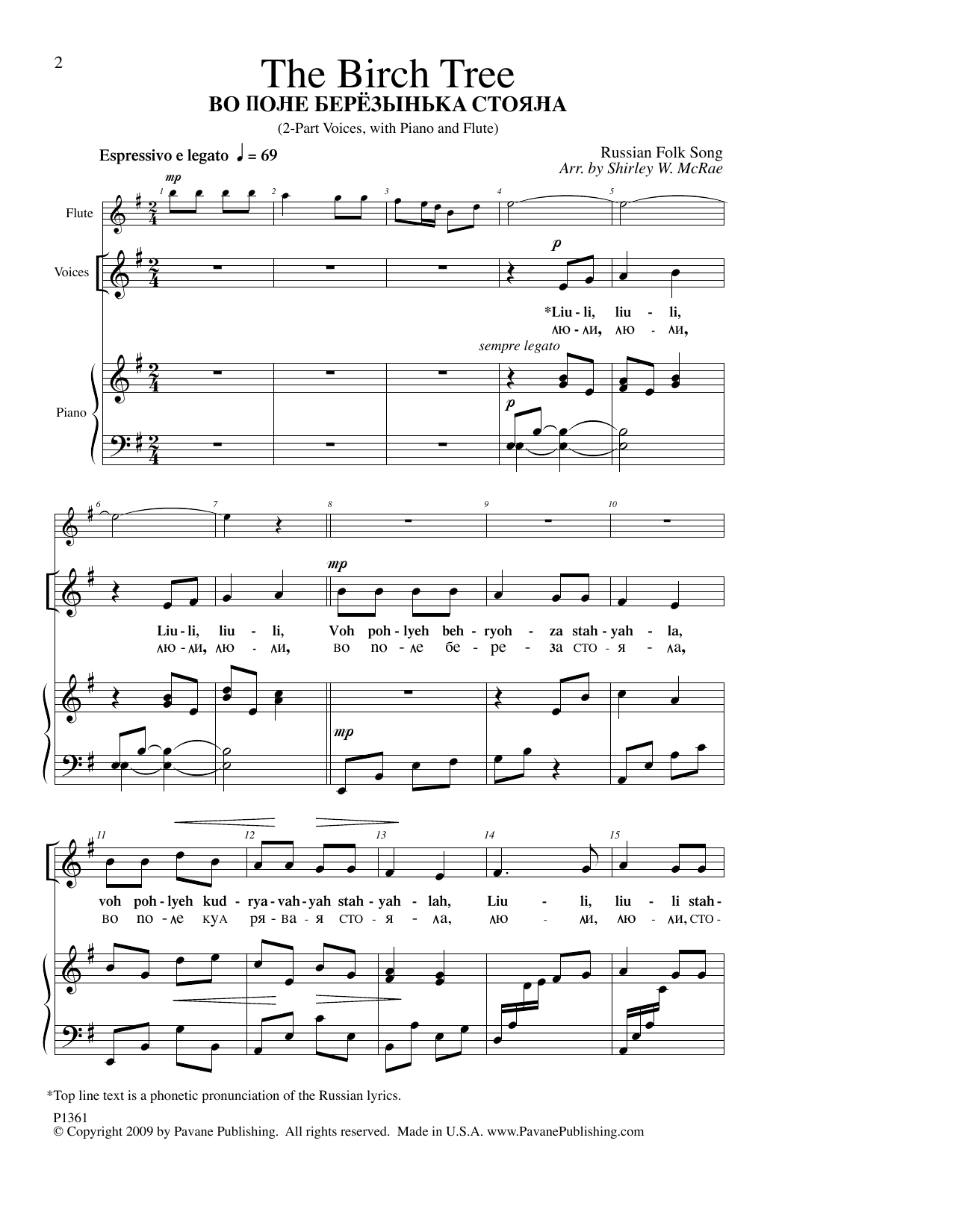 Russian Folk Song The Birch Tree (arr. Shirley McRae) sheet music notes and chords arranged for 2-Part Choir