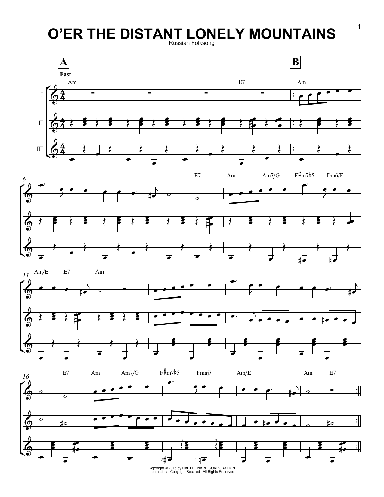 Russian Folksong O'er The Distant Lonely Mountains sheet music notes and chords arranged for Guitar Ensemble