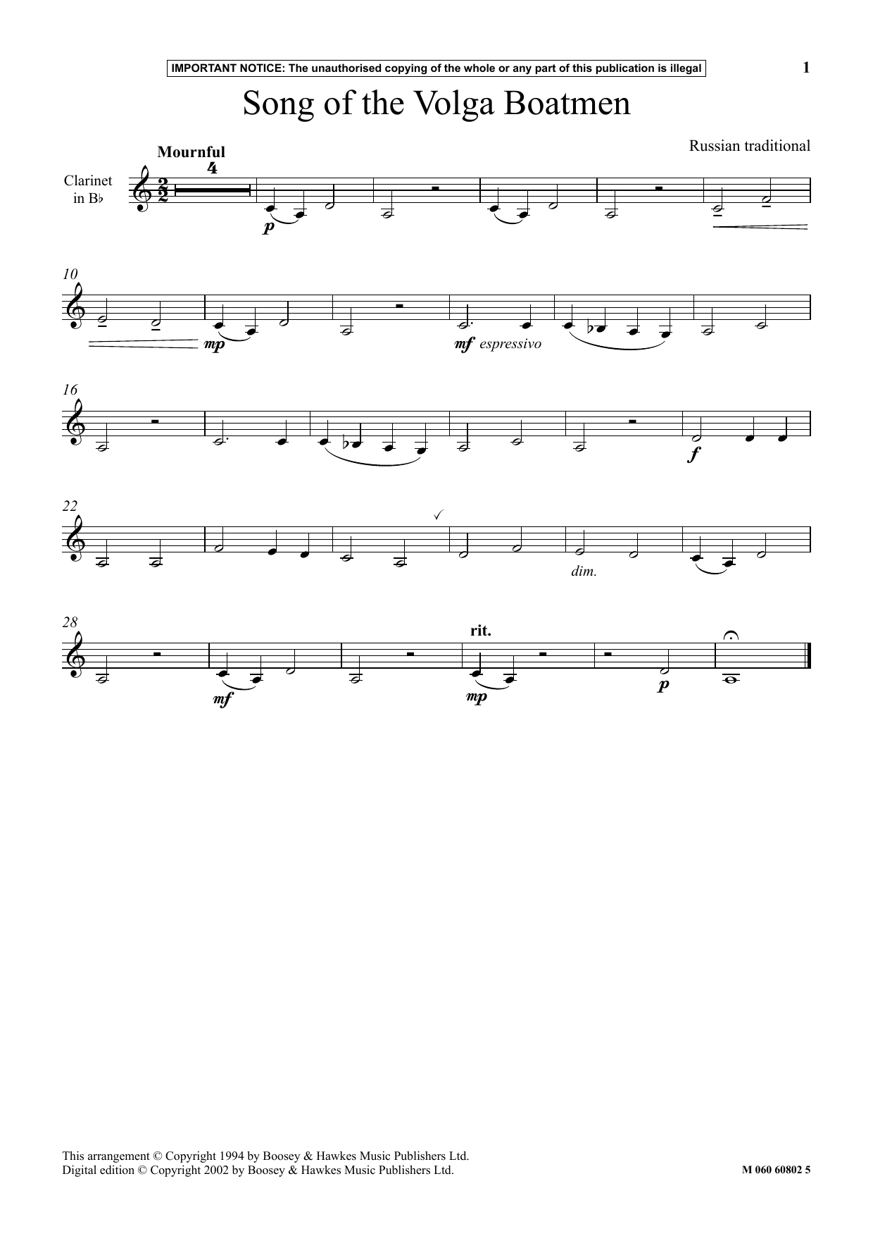 Russian Traditional Song Of The Volga Boatmen sheet music notes and chords arranged for Instrumental Solo