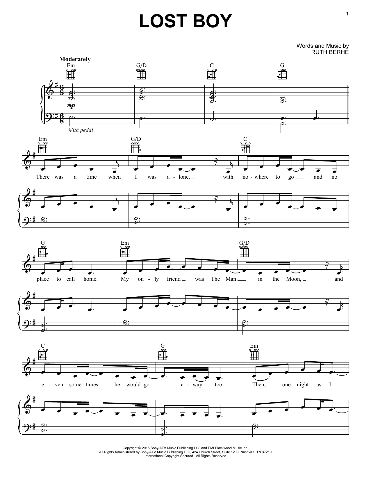 Ruth B Lost Boy sheet music notes and chords arranged for Vocal Pro + Piano/Guitar