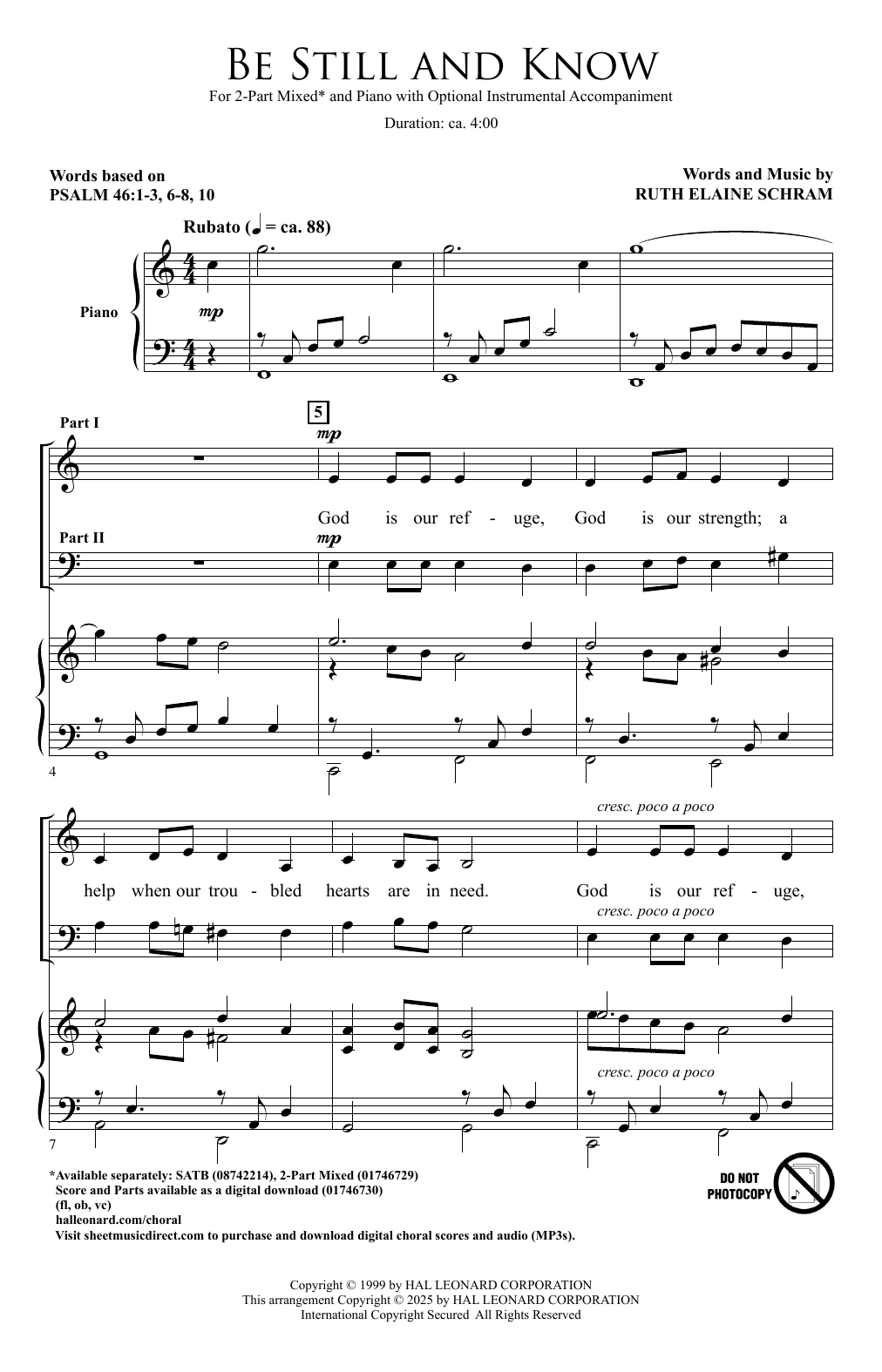 Ruth Elaine Schram Be Still And Know sheet music notes and chords arranged for 2-Part Choir