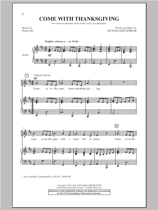 Ruth Elaine Schram Come With Thanksgiving sheet music notes and chords arranged for Unison Choir