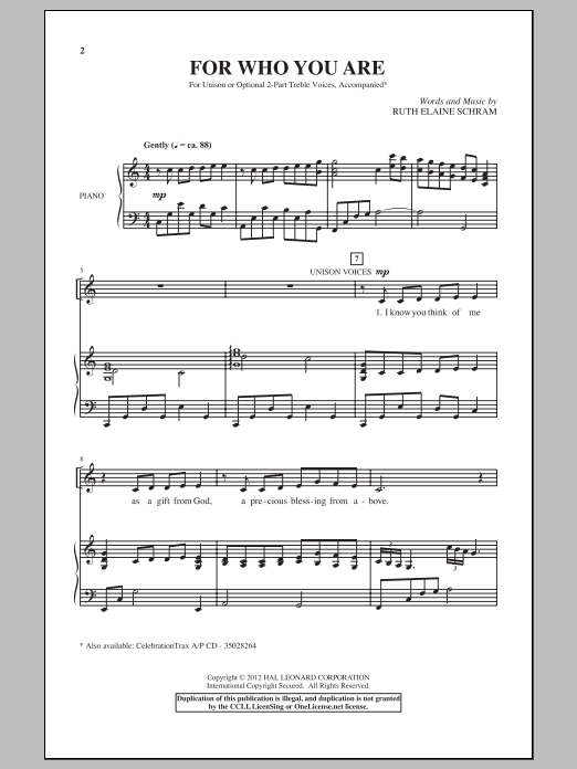 Ruth Elaine Schram For Who You Are sheet music notes and chords arranged for Unison Choir