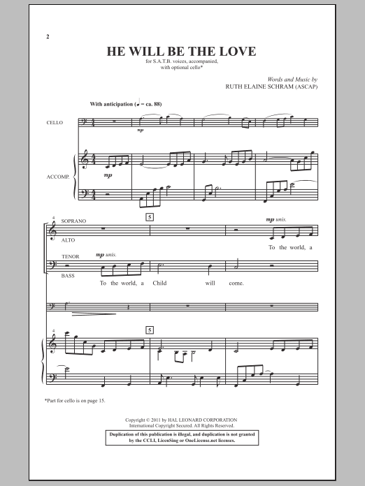 Ruth Elaine Schram He Will Be The Love sheet music notes and chords arranged for SATB Choir