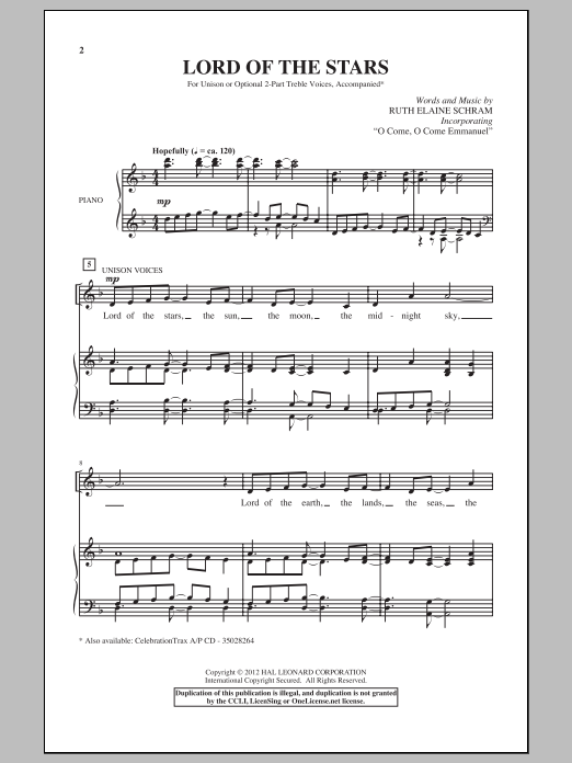 Ruth Elaine Schram Lord Of The Stars sheet music notes and chords arranged for Unison Choir