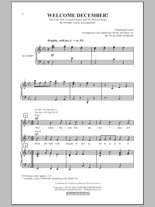 Ruth Elaine Schram Welcome, December! sheet music notes and chords arranged for 2-Part Choir