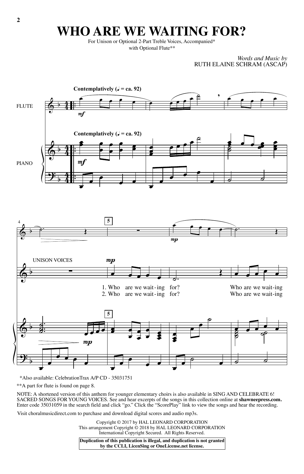 Ruth Elaine Schram Who Are We Waiting For? sheet music notes and chords arranged for Unison Choir