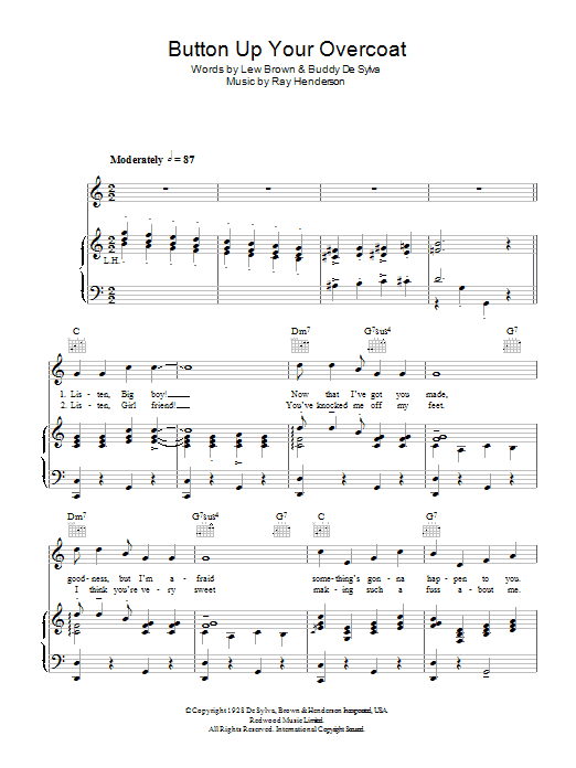 Ruth Etting Button Up Your Overcoat sheet music notes and chords arranged for Piano, Vocal & Guitar Chords