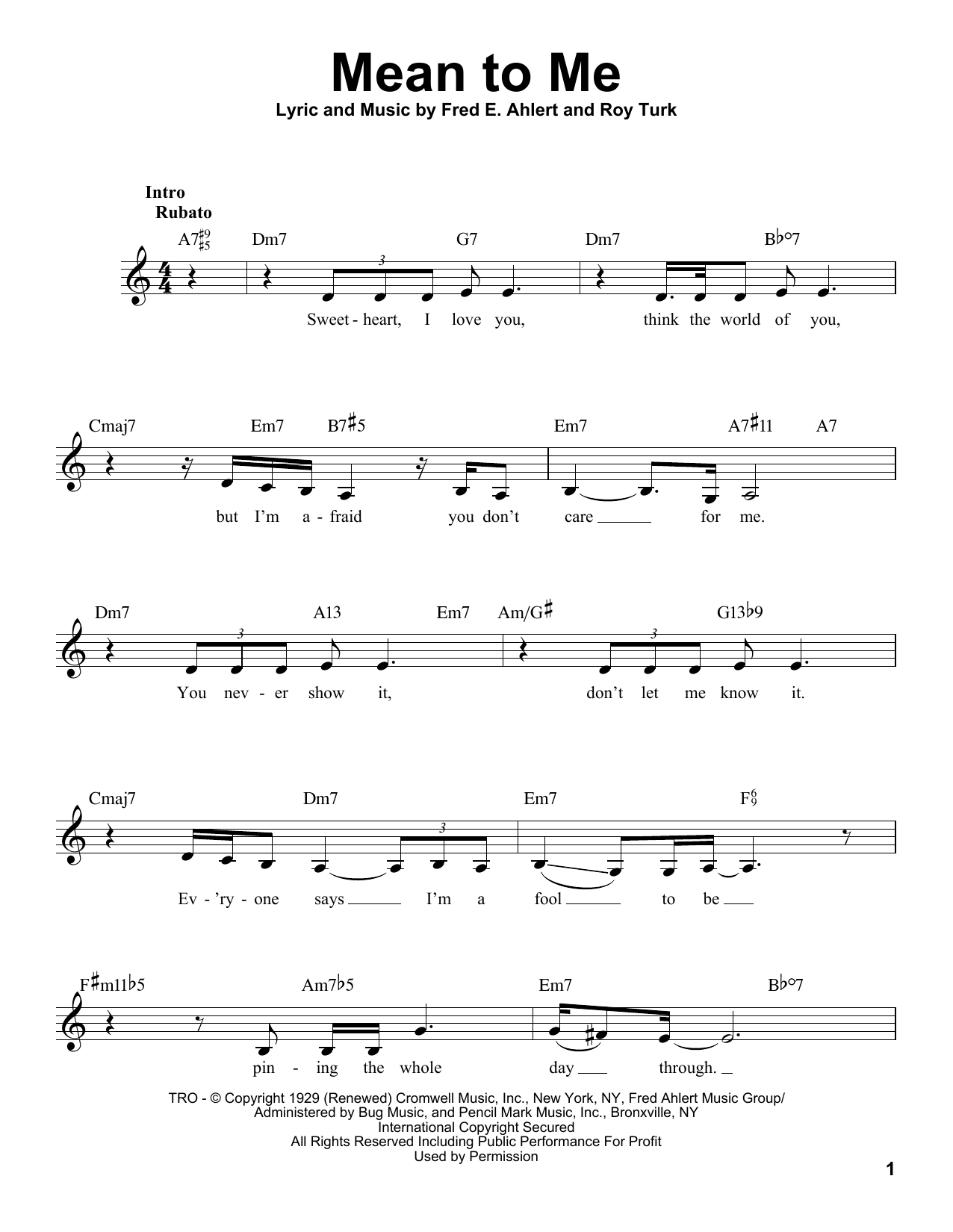 Fred E. Ahlert Mean To Me (from Love Me Or Leave Me) sheet music notes and chords arranged for Pro Vocal