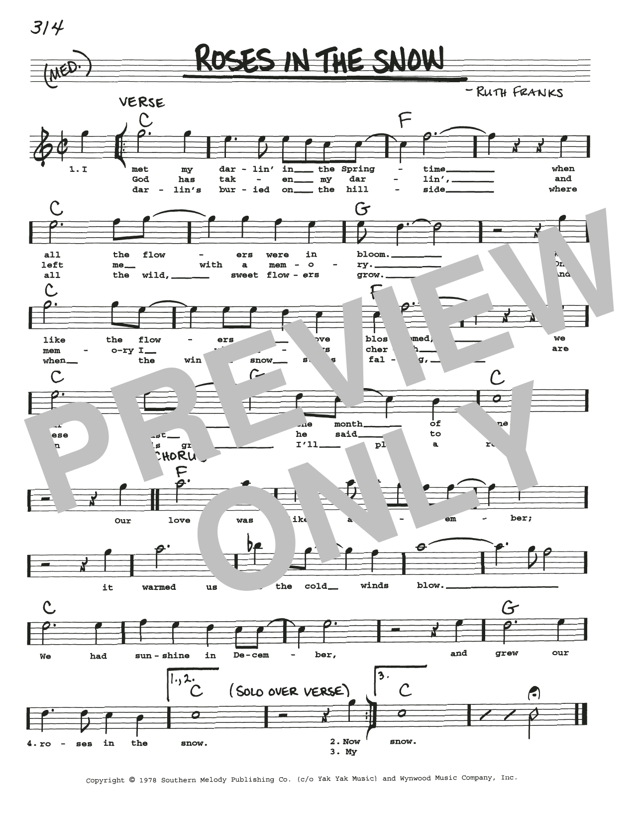 Ruth Franks Roses In The Snow sheet music notes and chords arranged for Real Book – Melody, Lyrics & Chords