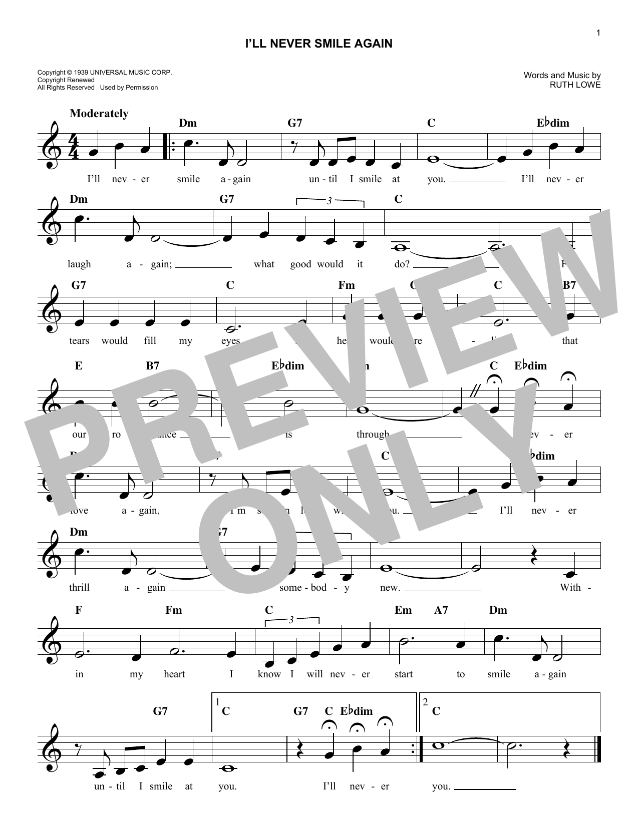 Ruth Lowe I'll Never Smile Again sheet music notes and chords arranged for Lead Sheet / Fake Book