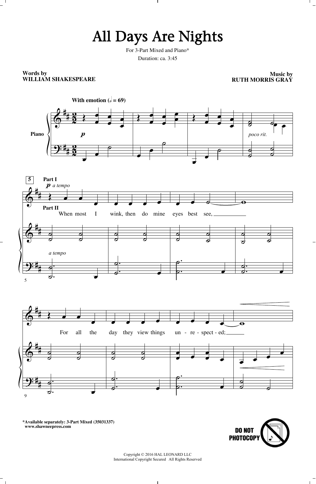 Ruth Morris Gray All Days Are Nights sheet music notes and chords arranged for 3-Part Mixed Choir