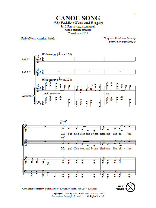 Ruth Morris Gray Canoe Song sheet music notes and chords arranged for 2-Part Choir