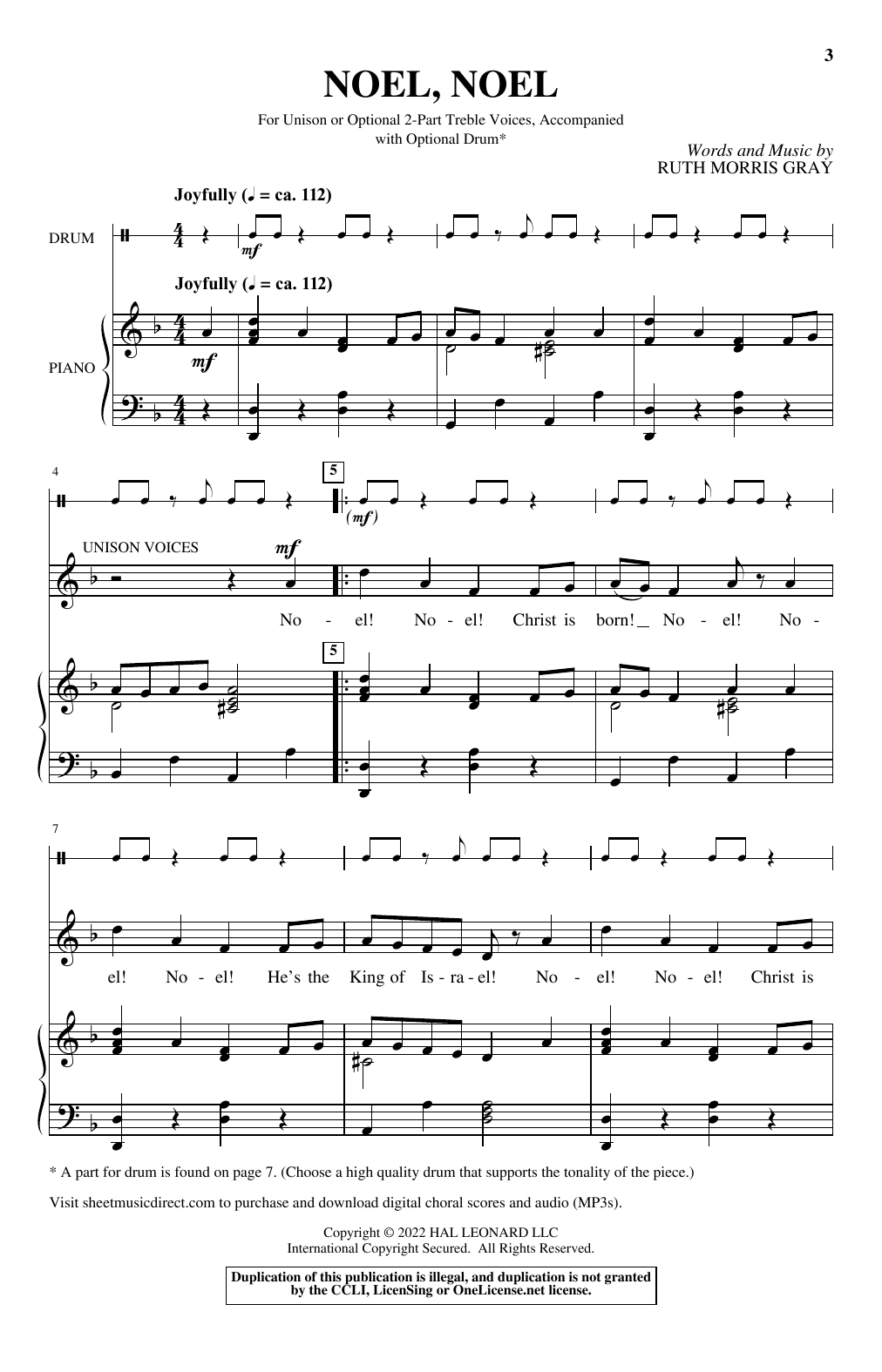 Ruth Morris Gray Noel, Noel sheet music notes and chords arranged for Unison Choir