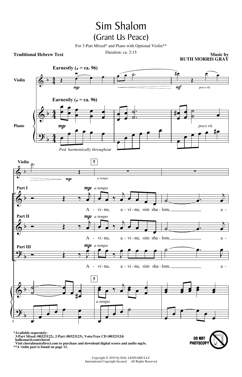 Ruth Morris Gray Sim Shalom (Grant Us Peace) sheet music notes and chords arranged for 3-Part Mixed Choir