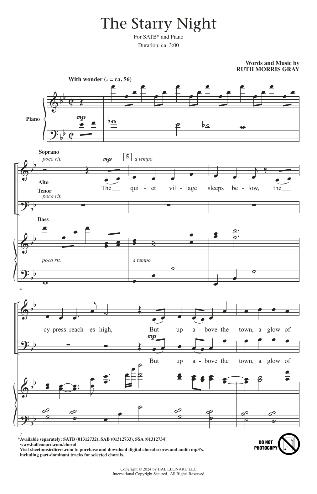 Ruth Morris Gray The Starry Night sheet music notes and chords arranged for SATB Choir