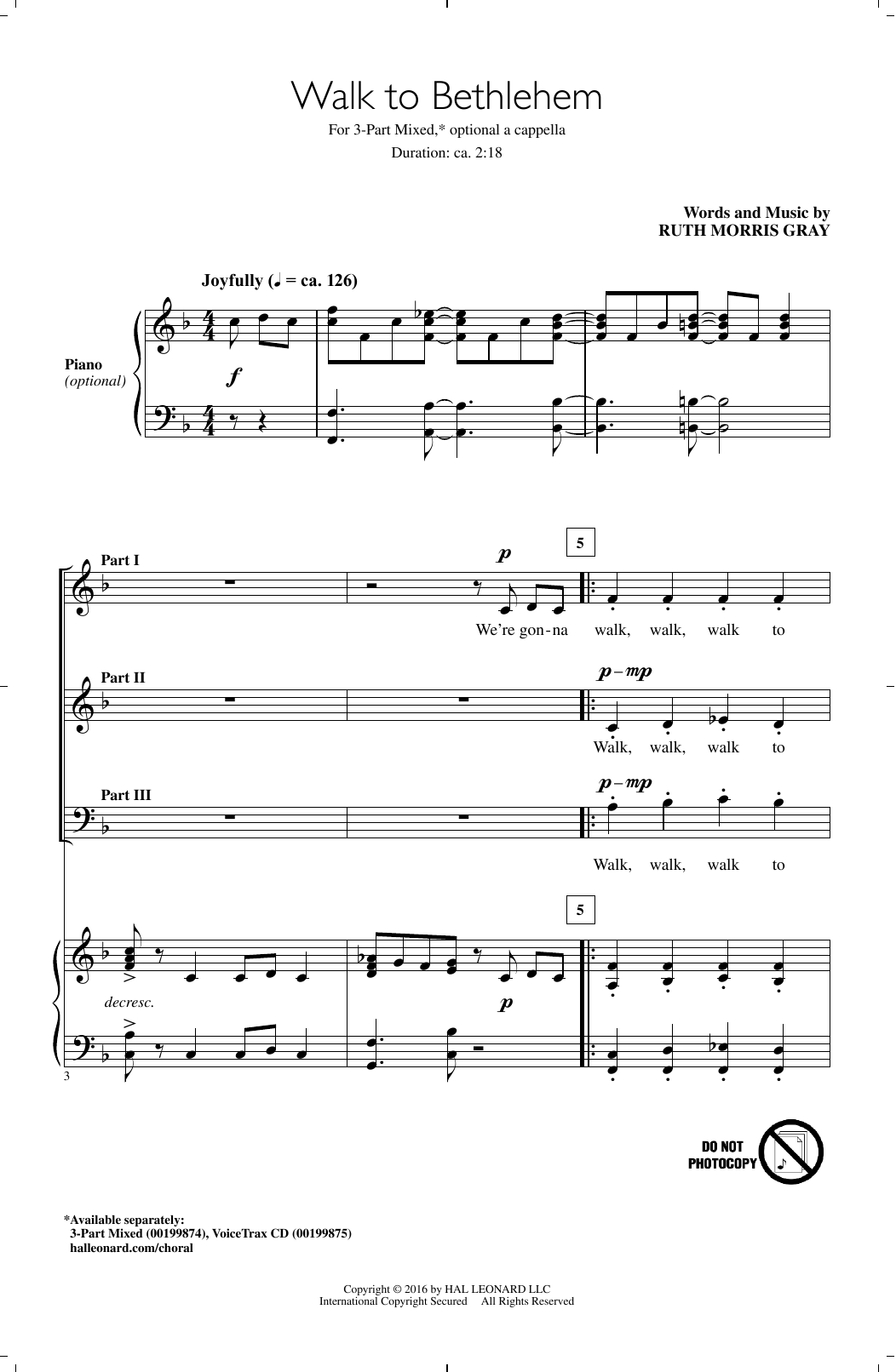 Ruth Morris Gray Walk To Bethlehem sheet music notes and chords arranged for 3-Part Mixed Choir