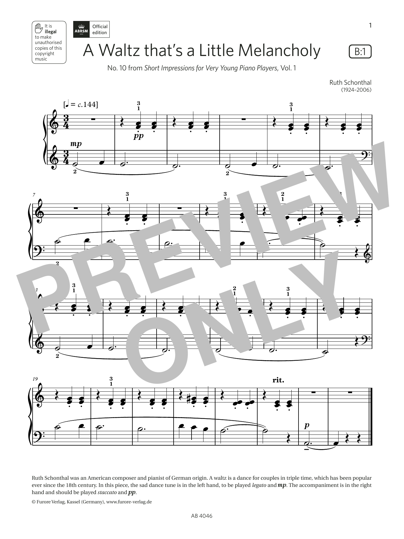 Ruth Schonthal A Waltz thats a Little Melancholy (Grade Initial, list B1, from ABRSM Piano Syllabus 2023 & 2024) sheet music notes and chords arranged for Piano Solo
