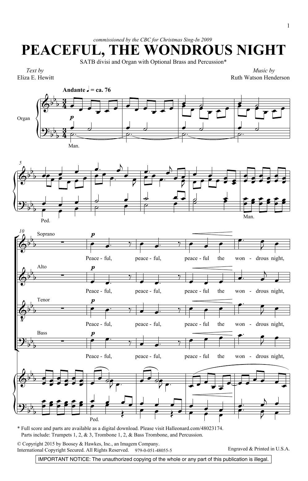 Ruth Watson Henderson Peaceful The Wondrous Night sheet music notes and chords arranged for SATB Choir