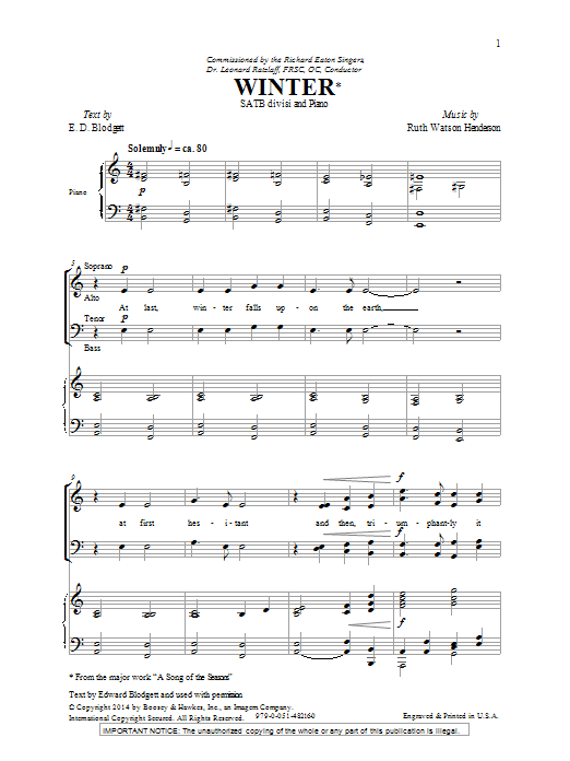 Ruth Watson Henderson Winter sheet music notes and chords arranged for SATB Choir