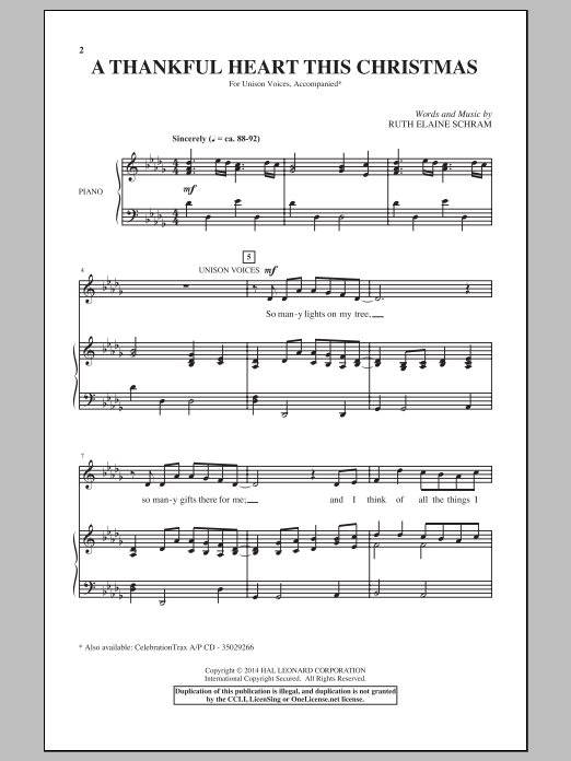 Ruth Elaine Schram A Thankful Heart This Christmas sheet music notes and chords arranged for Unison Choir
